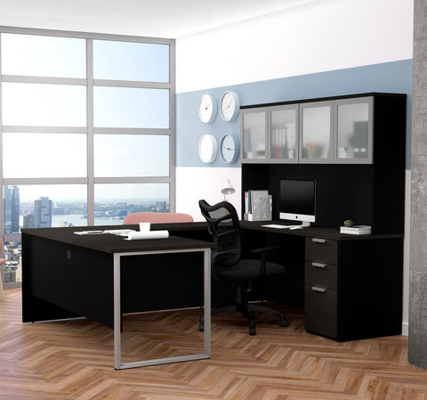 72W U-Shaped Executive Desk with Pedestal and Frosted Glass Doors Hutch