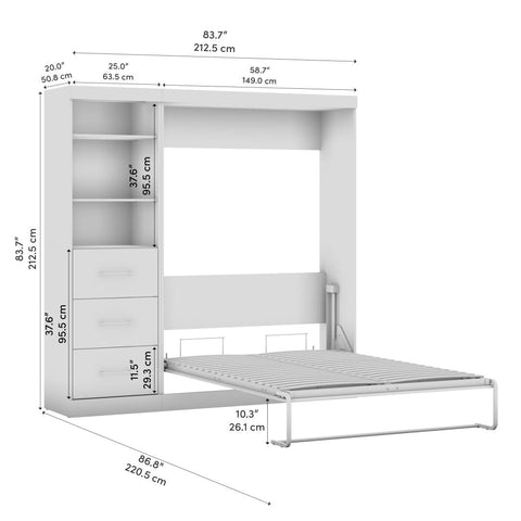 Lit escamotable double et organisateur de garde-robe avec tiroirs (84L)