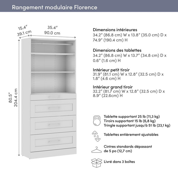 Organisateur de garde-robe modulaire pour walk-in ou placard avec tablettes et 4 tiroirs 36L x 16P, style Shaker