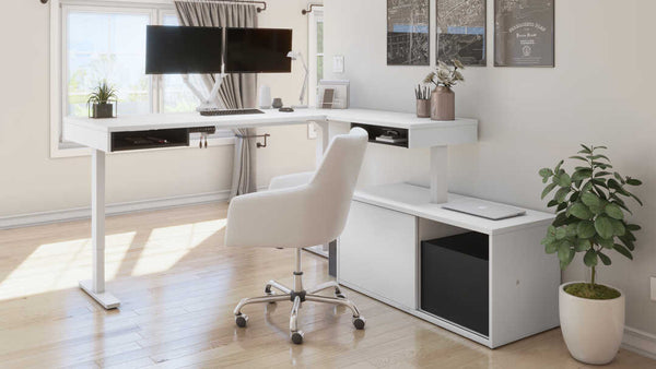 81W L-Shaped Standing Desk with Dual Monitor Arm and Credenza