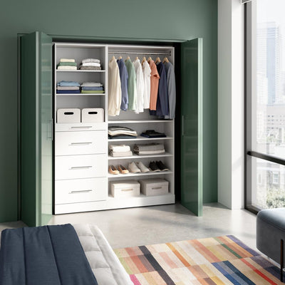 Modular Closet System with Shelves & Drawers & Clothing Rods, Slab Style, 61W x 16D