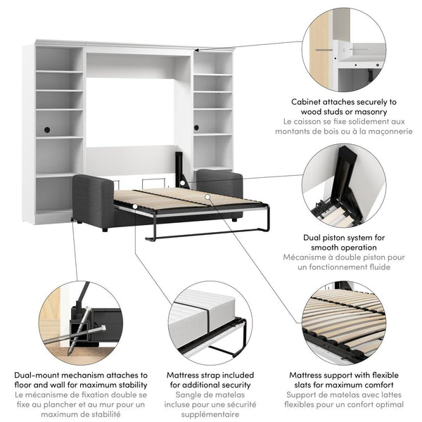 Lit escamotable double avec canapé et organisateurs de garde-robe (109L)