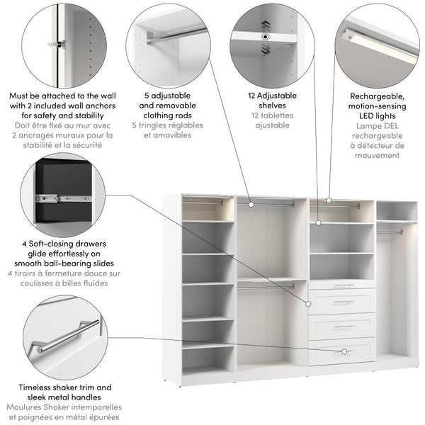 Système de rangement modulaire pour garde-robe walk-in avec lampes DEL, tringles, tablettes et tiroirs 121L x 25P, style Shaker