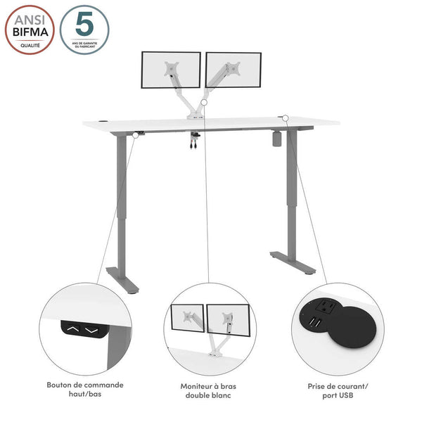 Bureau assis-debout 72L x 30P avec support double pour moniteurs
