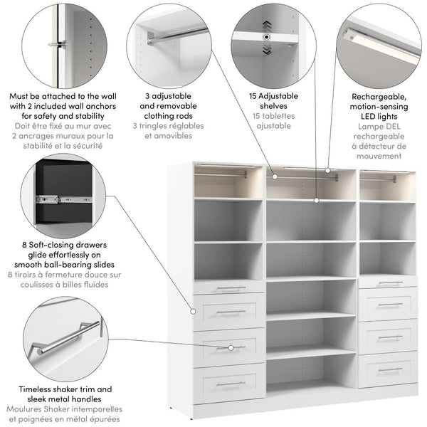 Système de rangement modulaire pour garde-robe walk-in ou placard avec lampes DEL, tablettes et tiroirs 85L x 25P, style Shaker