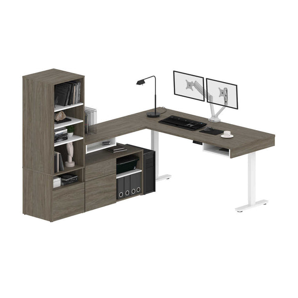 Bureau assis-debout en L 72L avec support double pour moniteurs et rangement