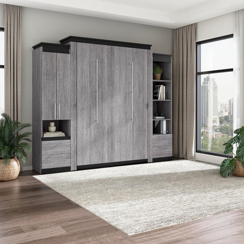 Grand lit escamotable avec armoire et grande étagère avec tiroirs (106L)