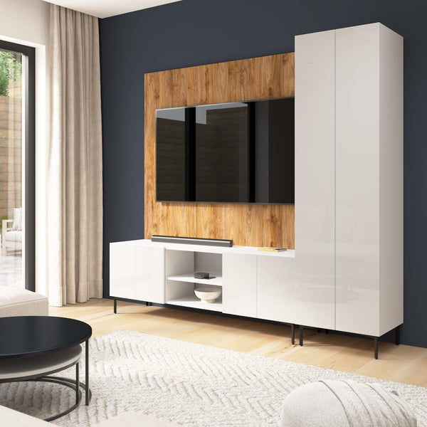 94W Modular Entertainment Center with TV Stand, Tall Storage Cabinet, and Small Wall Panel