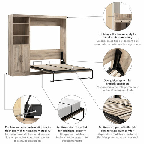 Lit escamotable double et organisateur de garde-robe avec portes (84L)