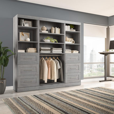 Contemporary Closet System with Shelves, Drawers & Clothing Rods, 86W x 19D