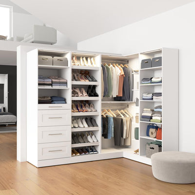 Modular L-Shaped Closet System with Shelves, Drawers, Shoe Racks, Clothing Rods & LED Lights, Shaker Style, 85W x 69D