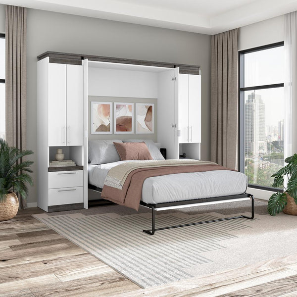 Lit escamotable double avec armoires et tablettes coulissantes (100L)