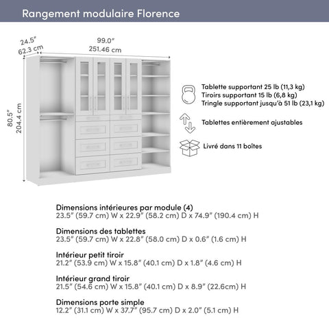 Système de rangement modulaire pour garde-robe walk-in avec lampes DEL, tringles, tablettes, portes et tiroirs 100L x 25P, style Shaker