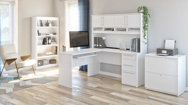 Bureau en L 60L avec huche, classeur latéral et bibliothèque