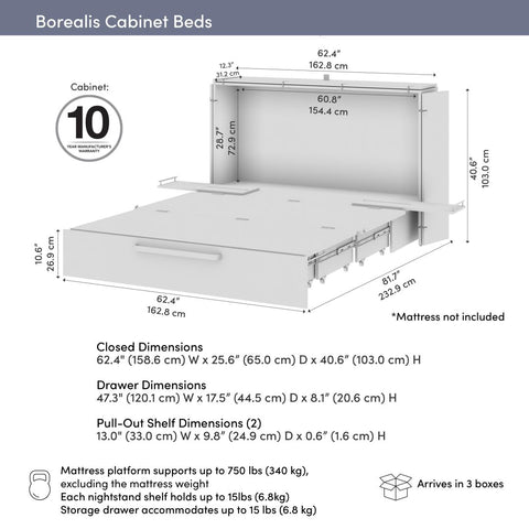 63W Queen Murphy Cabinet Bed with Pullout Drawer