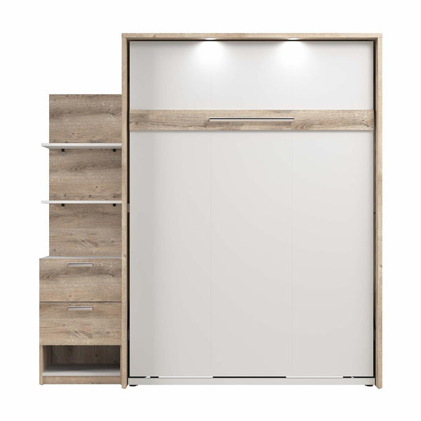 Lit escamotable double avec table de chevet et étagères flottantes (79L)