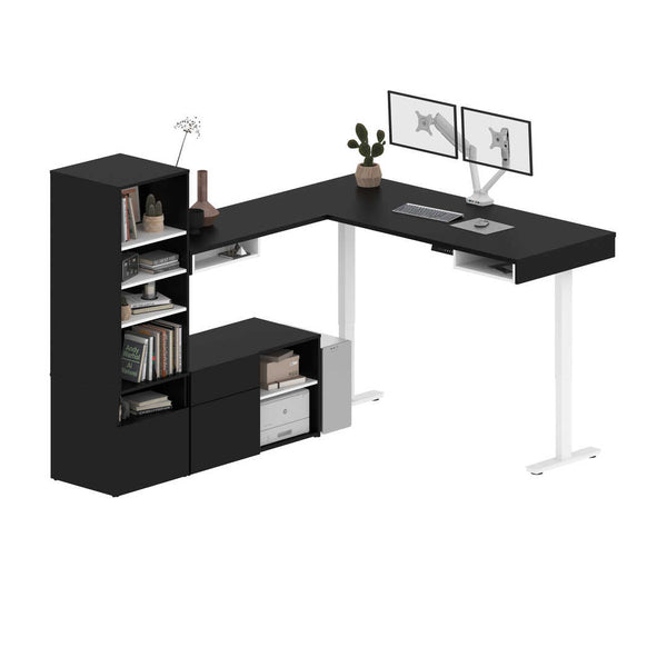 Bureau assis-debout en L 72L avec support double pour moniteurs et rangement