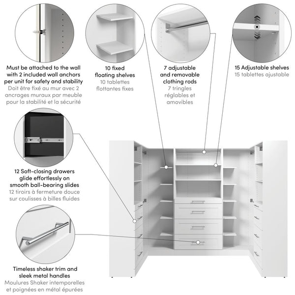 Modular U-Shaped Closet System with Shelves, Drawers & Clothing Rods, Shaker Style, 105W x 61D