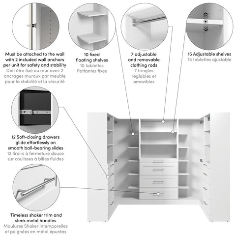Modular U-Shaped Closet System with Shelves, Drawers & Clothing Rods, Shaker Style, 105W x 61D