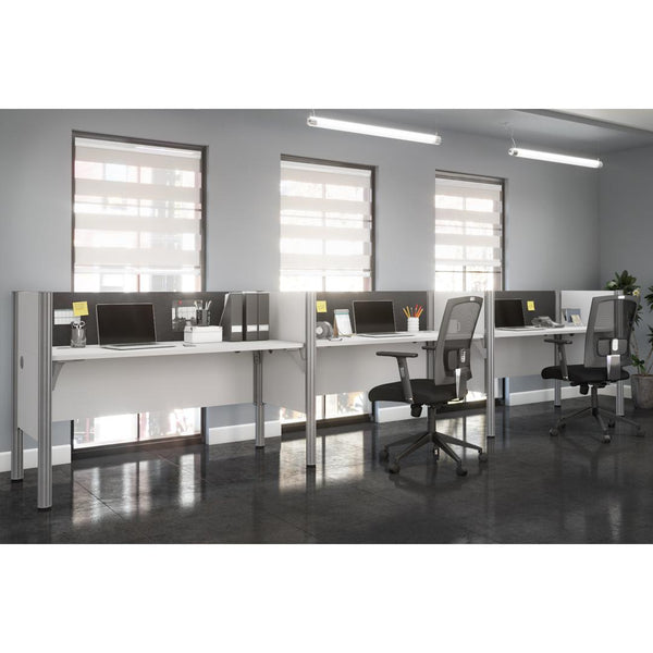 3-Person Office Cubicles with Gray Tack Boards and Low Privacy Panels