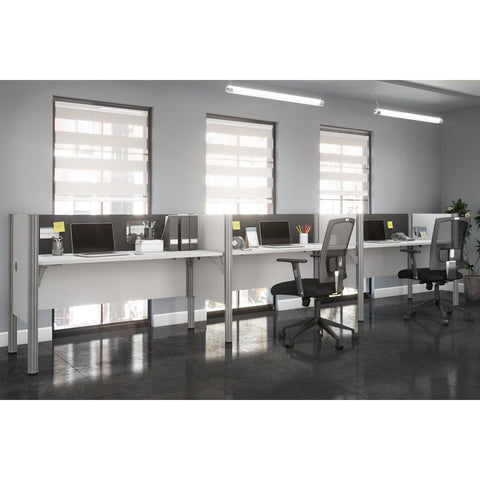 3-Person Office Cubicles with Gray Tack Boards and Low Privacy Panels