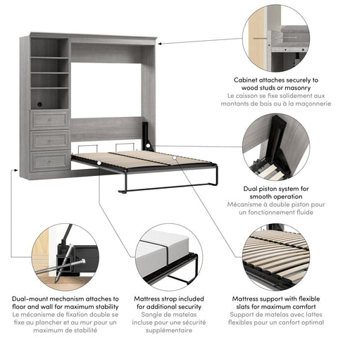 Lit escamotable double et organisateur de garde-robe avec tiroirs (84L)