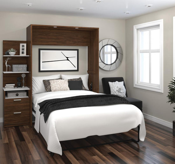 Lit escamotable double avec table de chevet et étagères flottantes (79L)