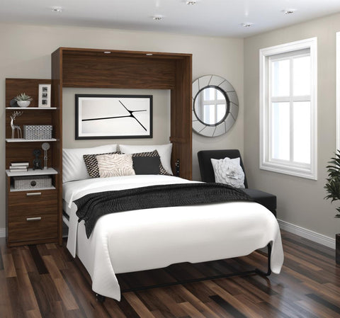 Lit escamotable double avec table de chevet et étagères flottantes (79L)