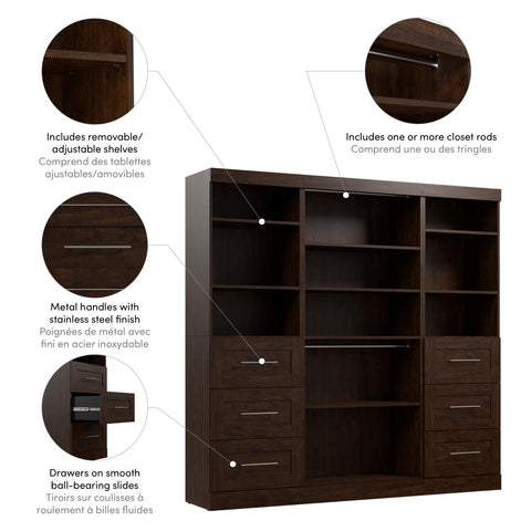 Contemporary Closet System with Shelves, Drawers & Clothing Rods, 86W x 19D