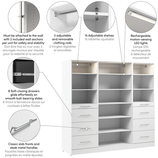 Système de rangement modulaire pour garde-robe walk-in ou placard avec lampes DEL, tablettes et tiroirs 85L x 25P, style épuré
