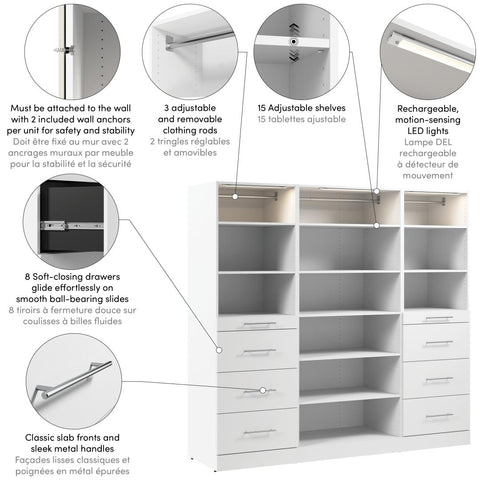 Système de rangement modulaire pour garde-robe walk-in ou placard avec lampes DEL, tablettes et tiroirs 85L x 25P, style épuré