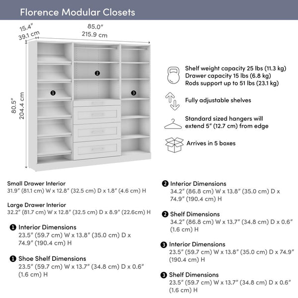Système de rangement modulaire pour garde-robe walk-in ou placard avec tiroirs et tablettes à chaussures 85L x 16P, style Shaker
