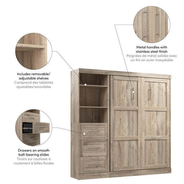 Lit escamotable double et étagère avec tiroirs (84L)