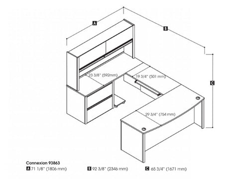 Bureau de direction en U 72L avec classeur latéral et huche