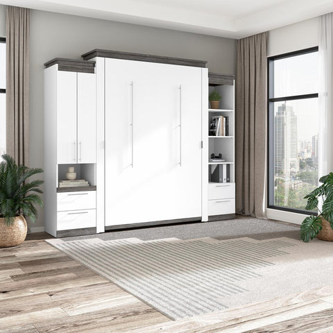Queen Murphy Bed with Storage Cabinet and Tall Shelf with Drawers (106W)
