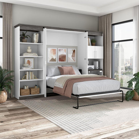 Lit escamotable double avec tablettes et armoire avec bureau rétractable (120L)