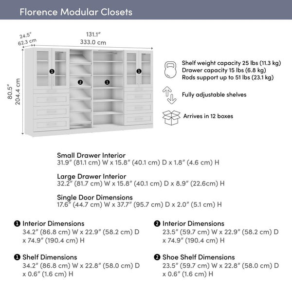 Système de rangement modulaire pour garde-robe walk-in avec lampes DEL, portes, tiroirs et tablettes à chaussures 132L x 25P, style Shaker