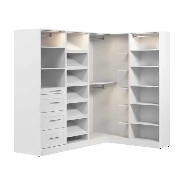 Système de rangement modulaire en L pour garde-robe walk-in avec lampes DEL, tringles, tiroirs et tablettes à chaussures 85L x 69P, style Shaker