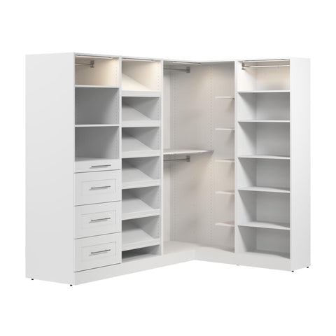 Système de rangement modulaire en L pour garde-robe walk-in avec lampes DEL, tringles, tiroirs et tablettes à chaussures 85L x 69P, style Shaker