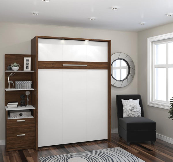 Lit escamotable double avec table de chevet et étagères flottantes (79L)