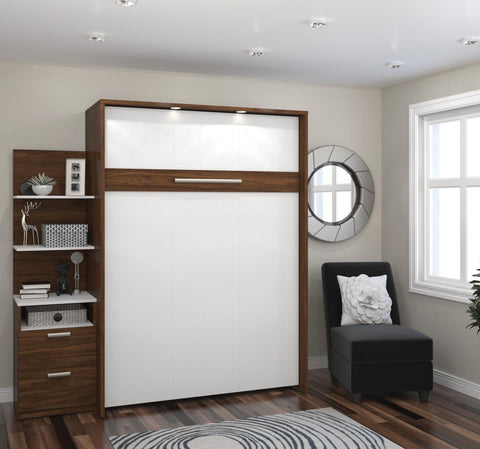 Lit escamotable double avec table de chevet et étagères flottantes (79L)