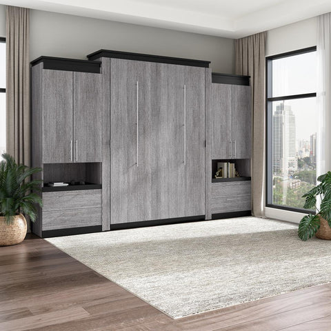 Grand lit escamotable avec armoires et tablettes coulissantes (126L)