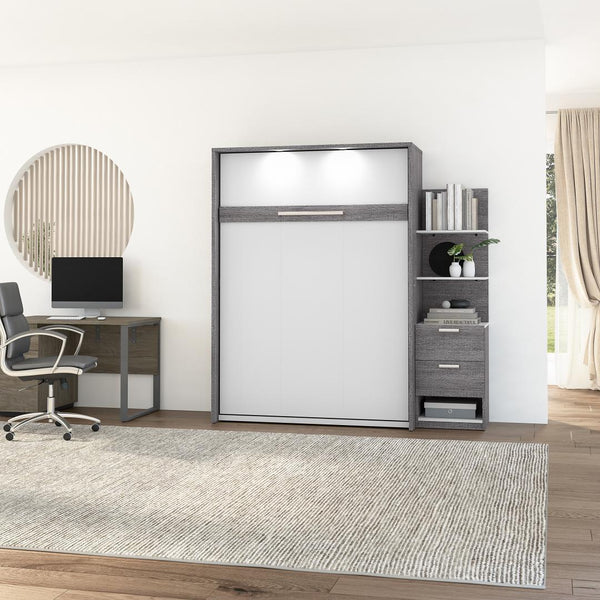 Lit escamotable double avec table de chevet et étagères flottantes (79L)