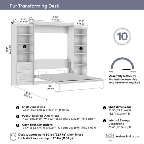 115W Queen Size Murphy Bed with Pull-Out Desk and Storage