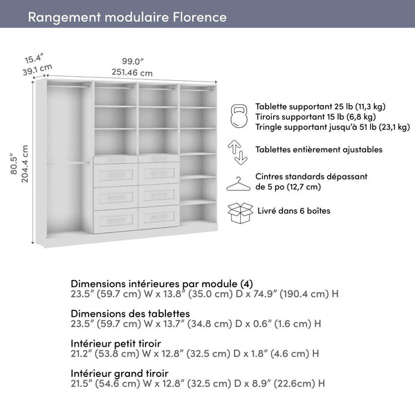 Système de rangement modulaire pour garde-robe walk-in ou placard avec tringles, tablettes et tiroirs 100L x 16P, style Shaker
