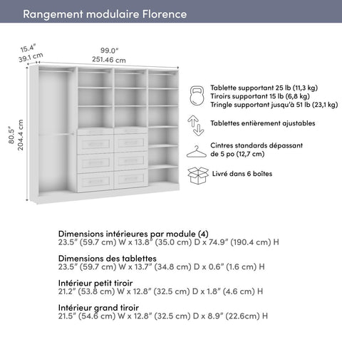 Système de rangement modulaire pour garde-robe walk-in ou placard avec tringles, tablettes et tiroirs 100L x 16P, style Shaker
