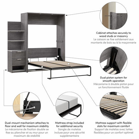 Lit escamotable double avec table de chevet et étagères flottantes (79L)