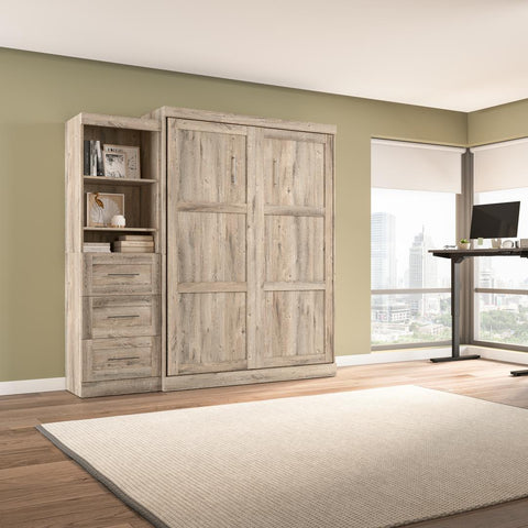 Queen Murphy Bed and Shelving Unit with Drawers (90W)
