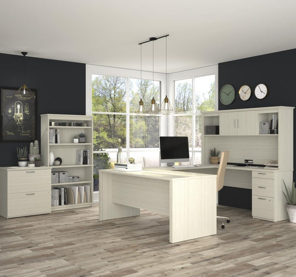 Bureau en U 66L avec huche, classeur latéral et bibliothèque