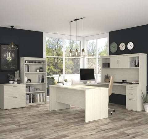 Bureau en U 66L avec huche, classeur latéral et bibliothèque